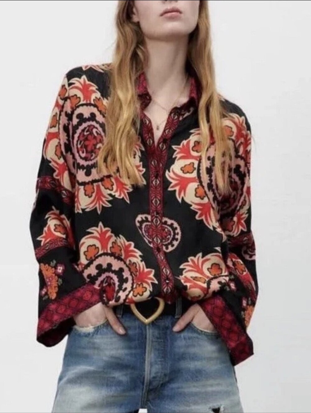 Zara Printed Shirt Boho Spell Flowy Blouse Size M